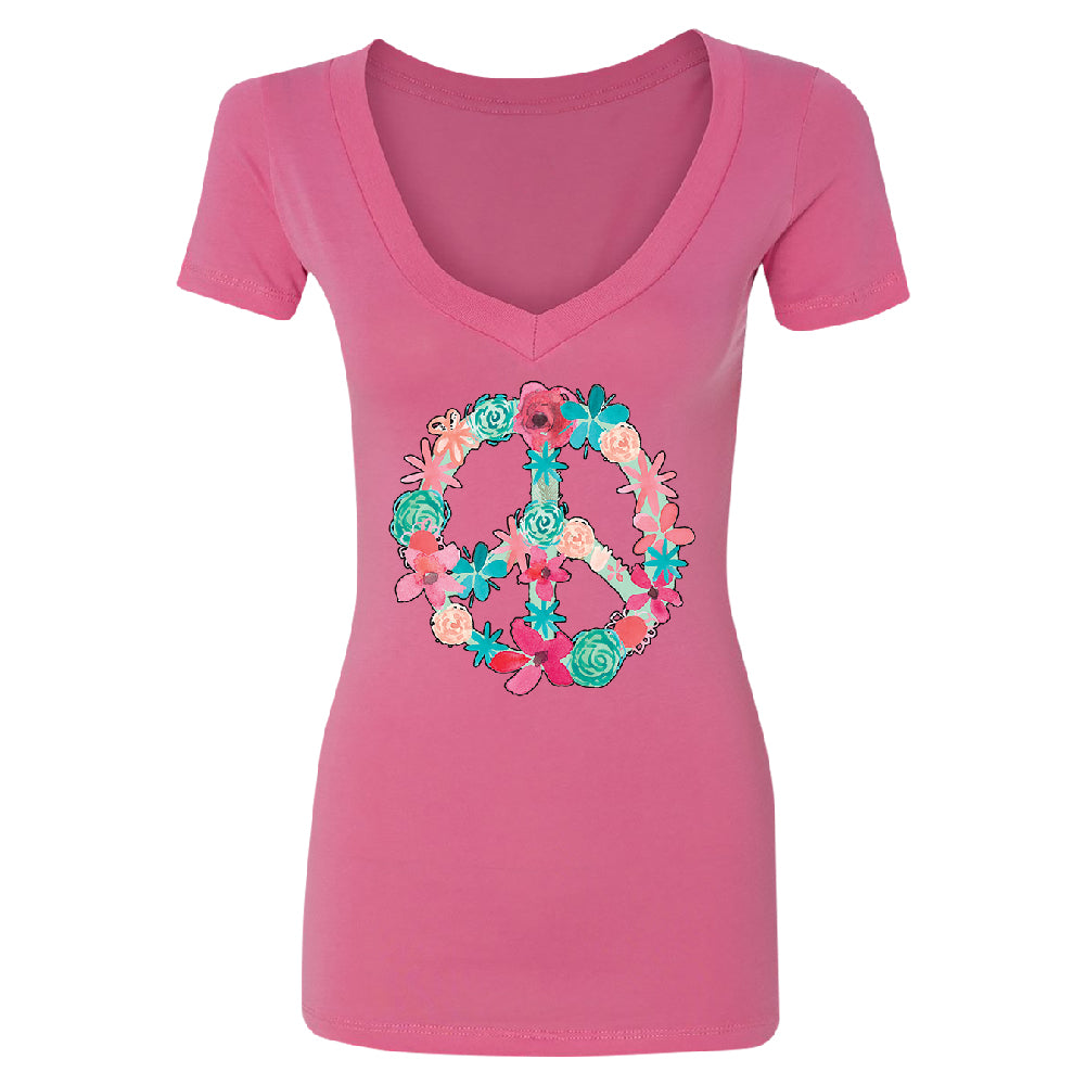 Floral Peace Sign Garden Nature Women's Deep V-neck Colored Flowers Tee 