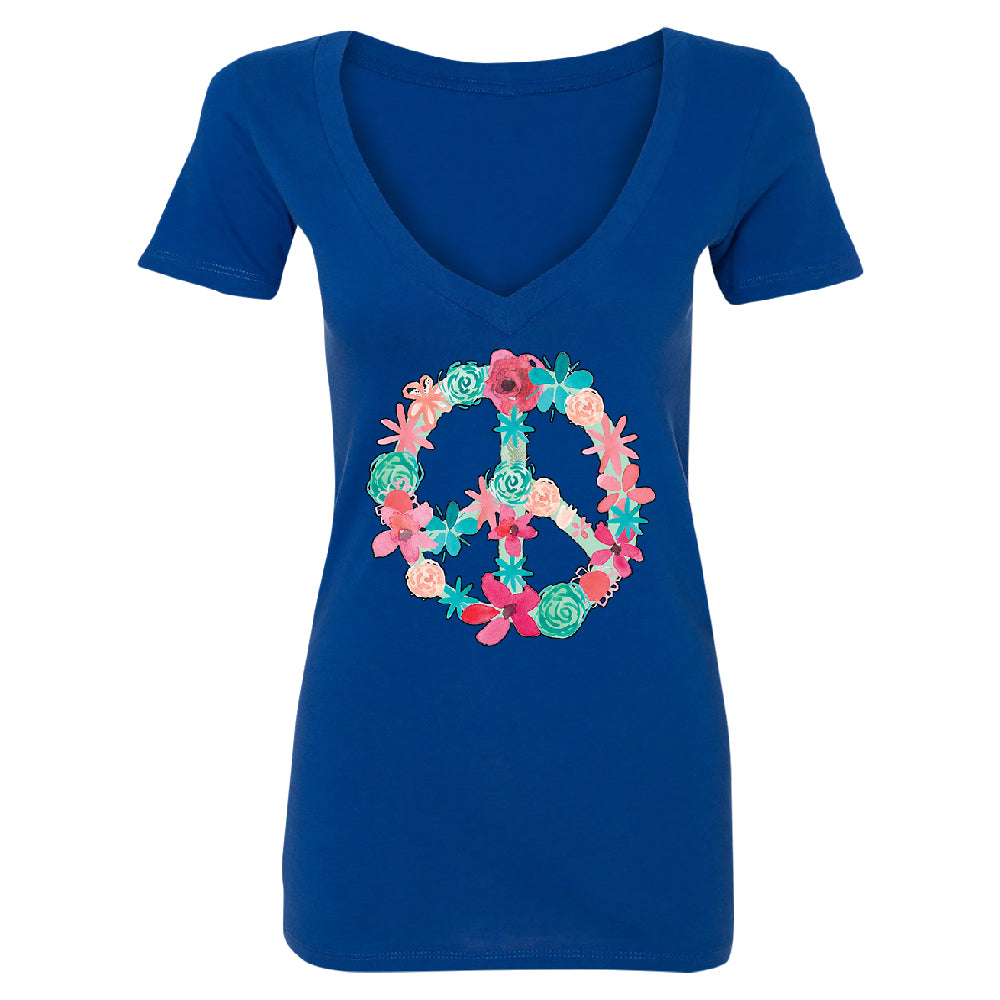 Floral Peace Sign Garden Nature Women's Deep V-neck Colored Flowers Tee 