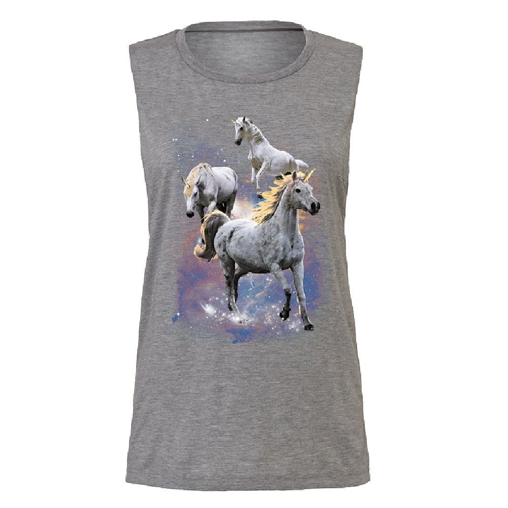 Space Phenomenon Unicorns Women's Muscle Tank Horses with Spiraling Horn Tee 