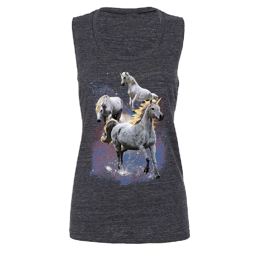 Space Phenomenon Unicorns Women's Muscle Tank Horses with Spiraling Horn Tee 