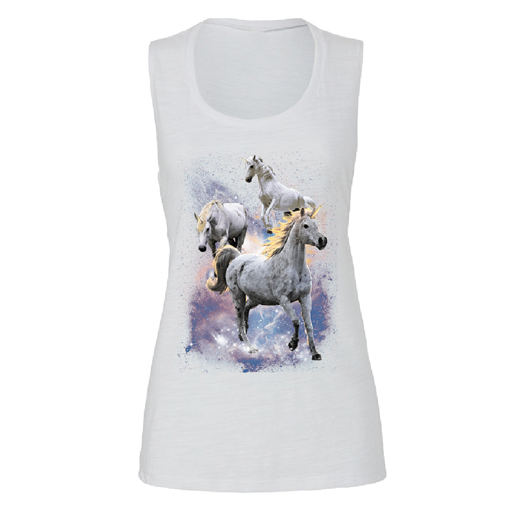 Space Phenomenon Unicorns Women's Muscle Tank Horses with Spiraling Horn Tee 