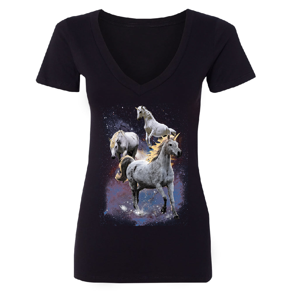 Space Phenomenon Unicorns Women's Deep V-neck Horses with Spiraling Horn Tee 