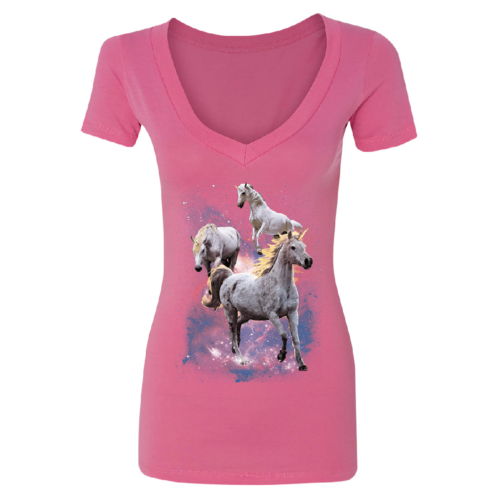 Space Phenomenon Unicorns Women's Deep V-neck Horses with Spiraling Horn Tee 