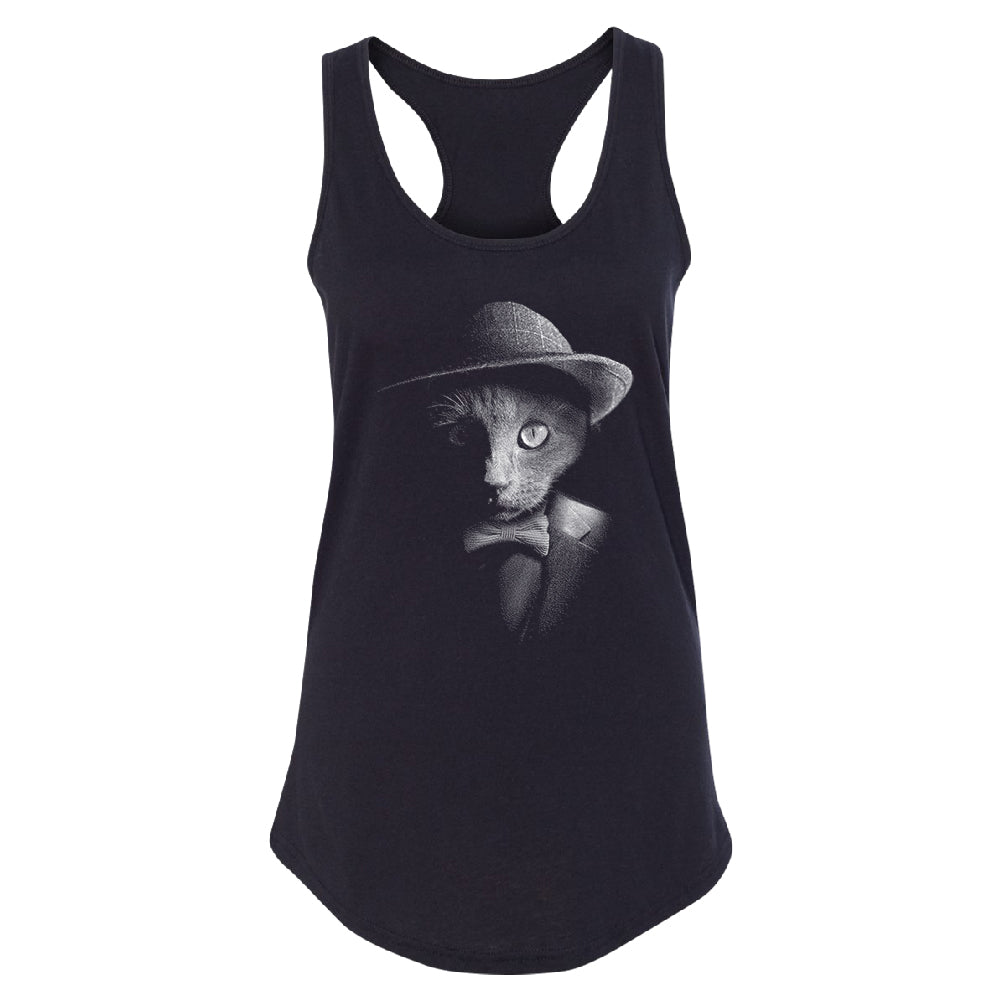 Stylish Gentelman Cat Women's Racerback Cool Mafia Cat with Hat Shirt 