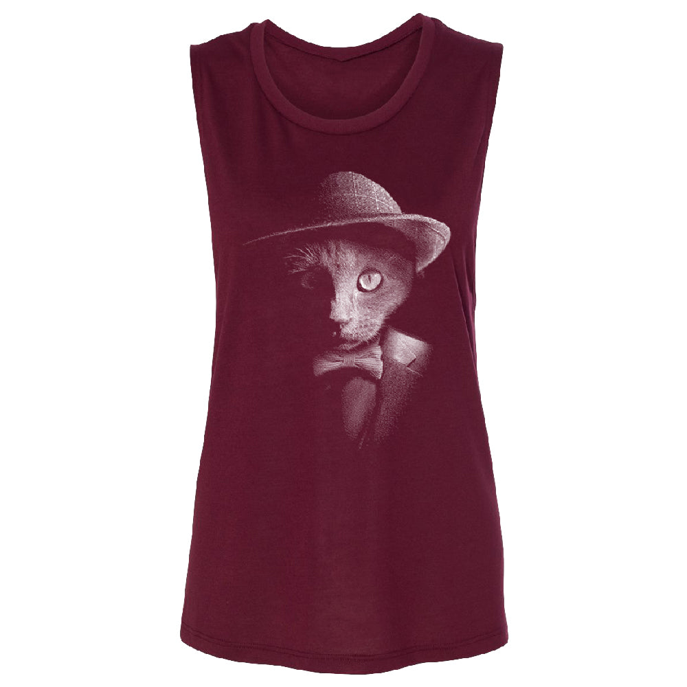 Stylish Gentelman Cat Women's Muscle Tank Cool Mafia Cat with Hat Tee 