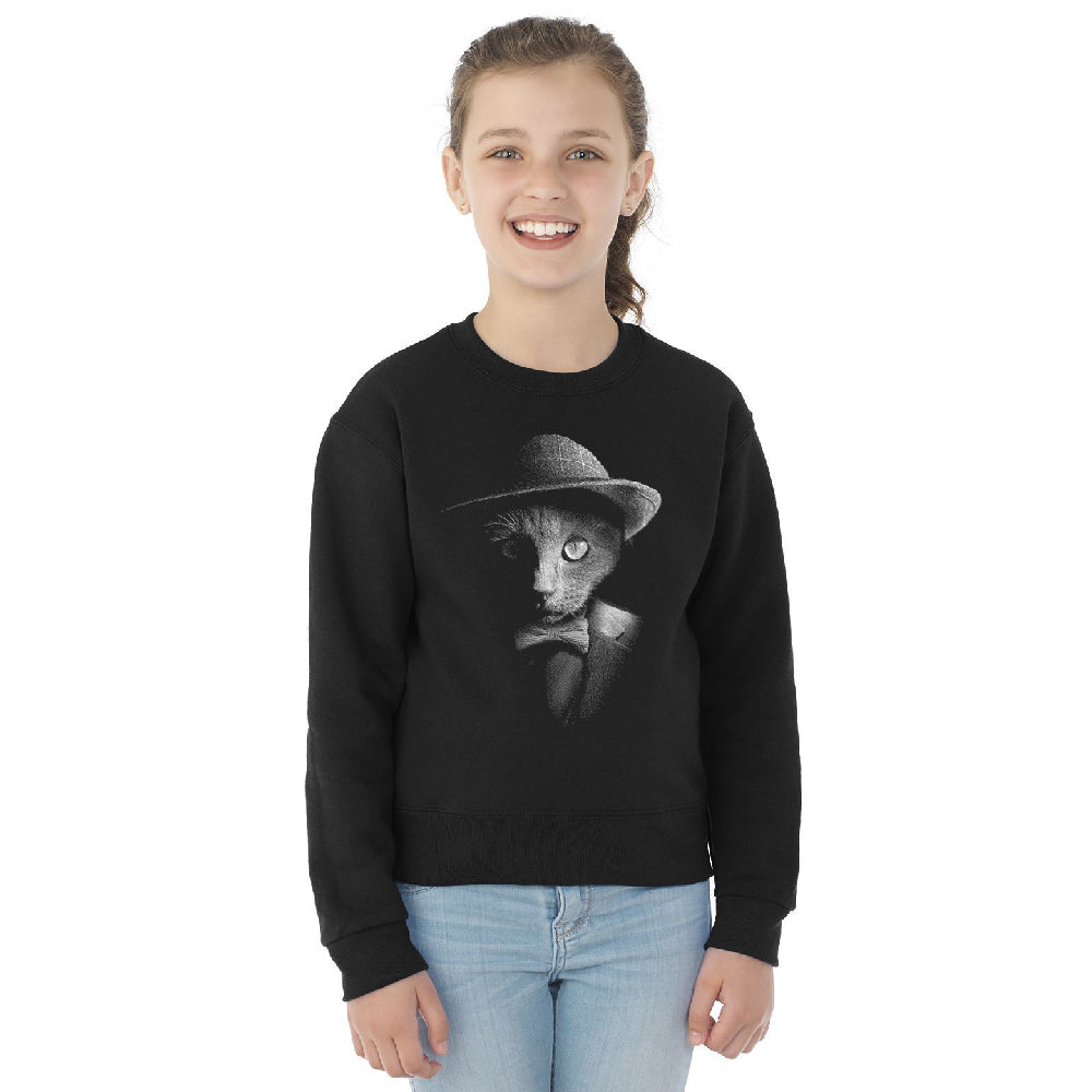 Stylish Gentelman Cat Youth Crewneck Cool Mafia Cat with Hat SweatShirt 