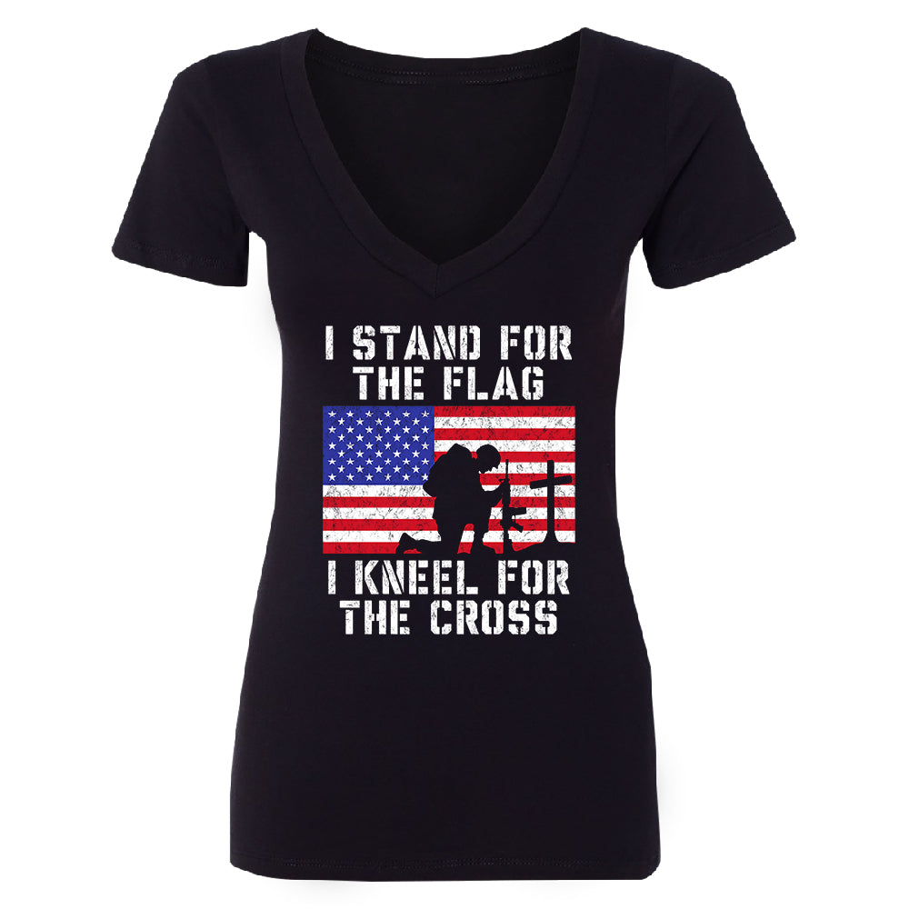 Stand for USA Flag Kneel for Cross Women's Deep V-neck 4th of July USA Tee 