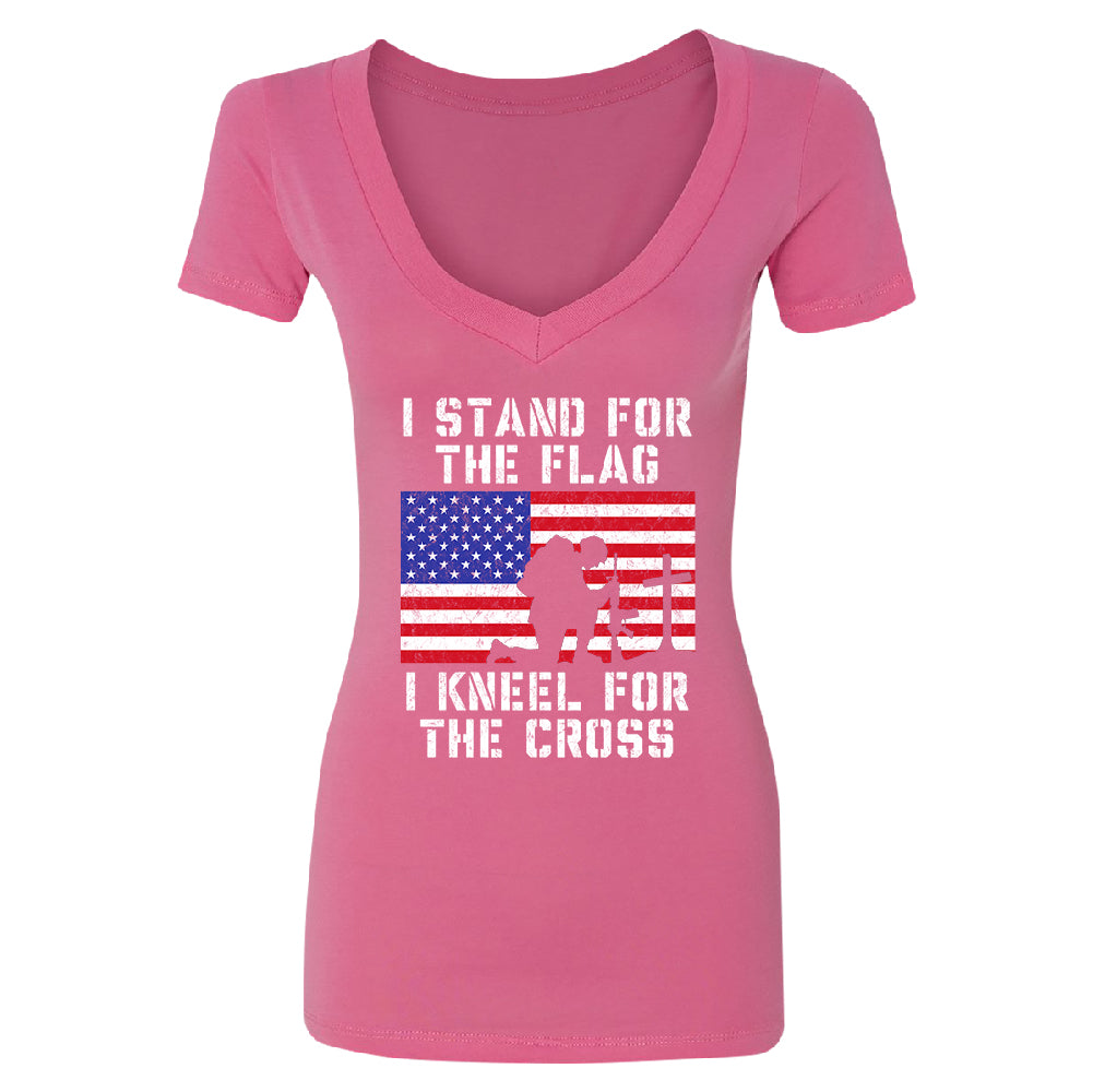 Stand for USA Flag Kneel for Cross Women's Deep V-neck 4th of July USA Tee 