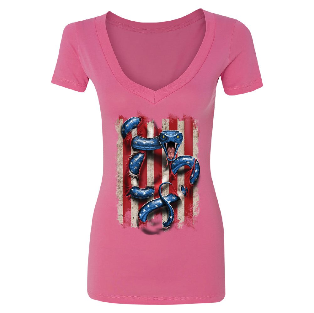 Patriotic American Serpent Snake Women's Deep V-neck 4th of July USA Tee 