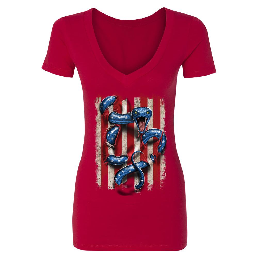 Patriotic American Serpent Snake Women's Deep V-neck 4th of July USA Tee 