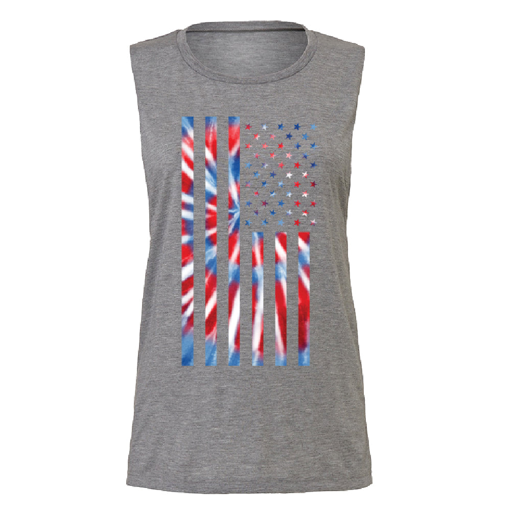 Patriotic Tie Dye American Flag Women's Muscle Tank 4th of July USA Tee 