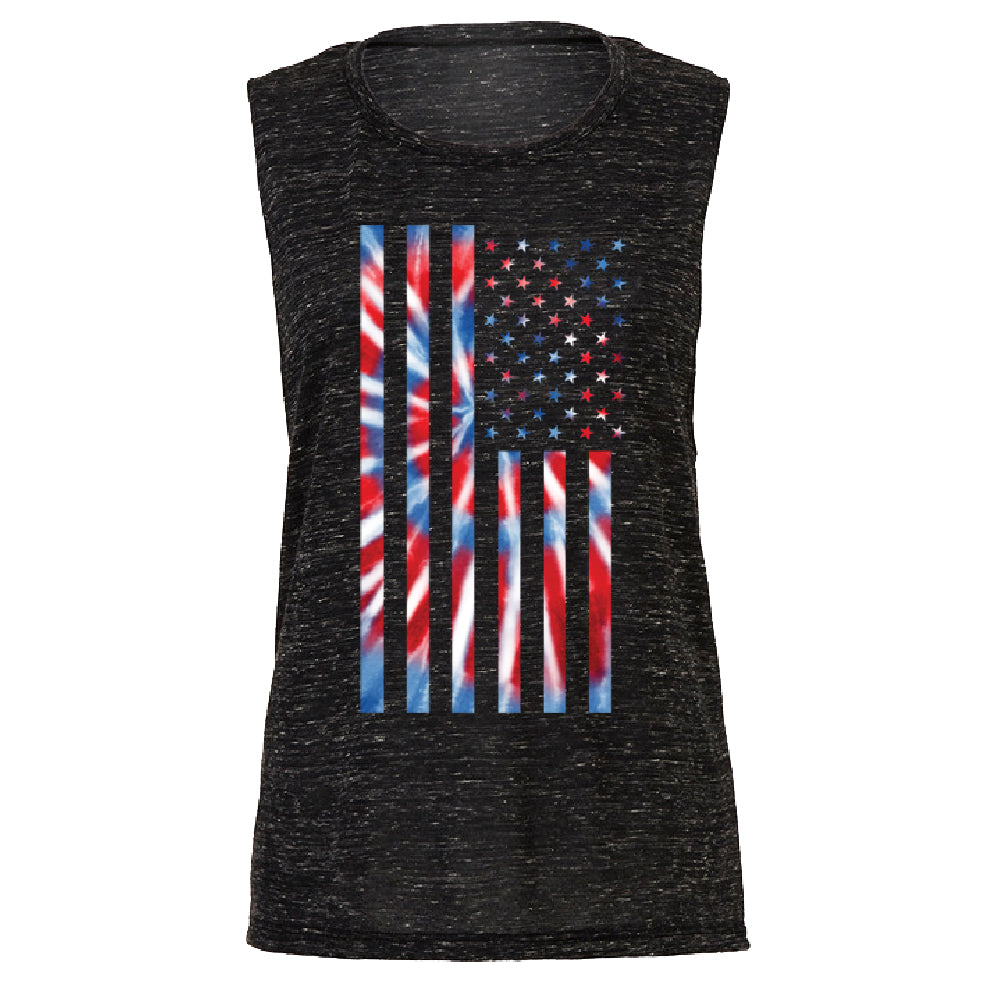 Patriotic Tie Dye American Flag Women's Muscle Tank 4th of July USA Tee 