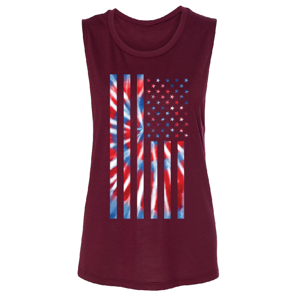 Patriotic Tie Dye American Flag Women's Muscle Tank 4th of July USA Tee 