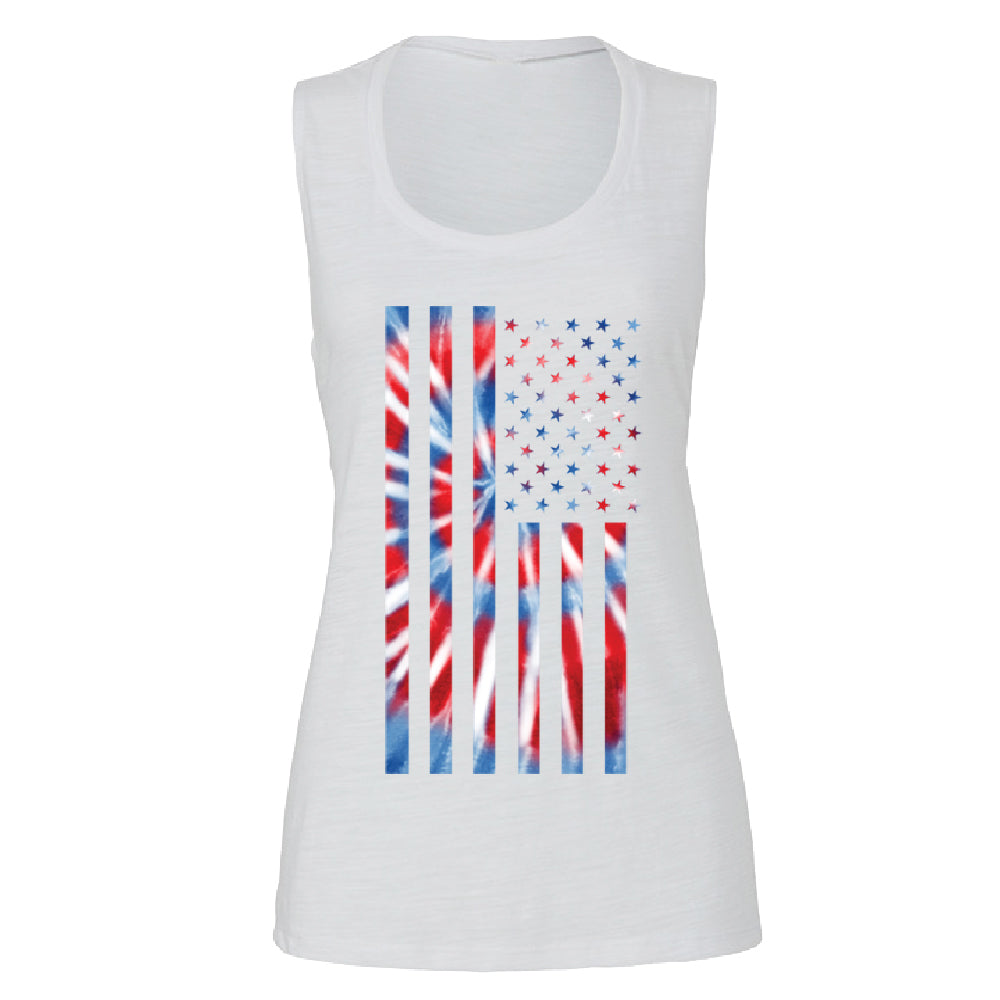 Patriotic Tie Dye American Flag Women's Muscle Tank 4th of July USA Tee 