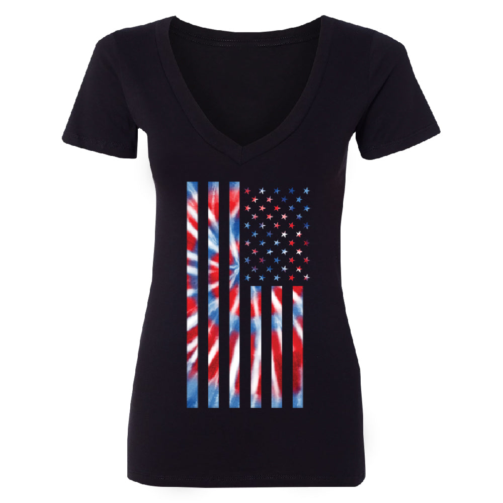 Patriotic Tie Dye American Flag Women's Deep V-neck 4th of July USA Tee 