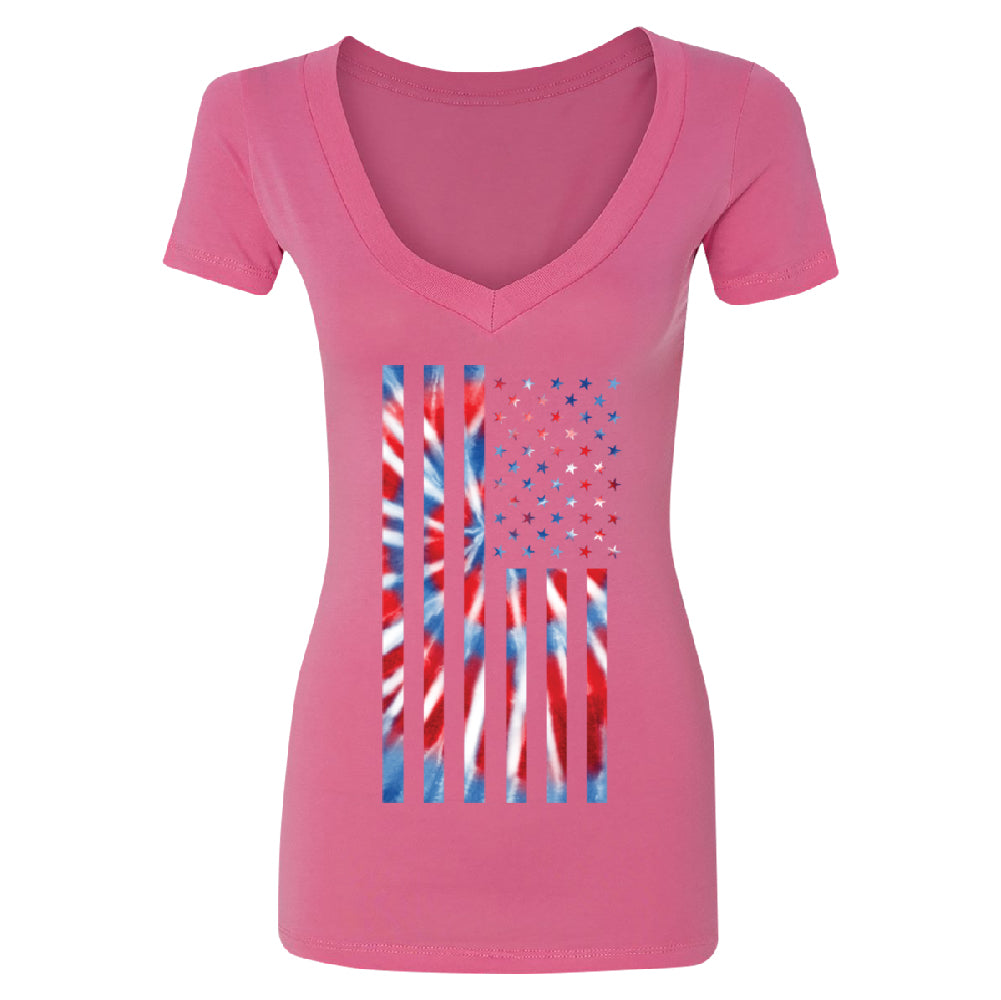 Patriotic Tie Dye American Flag Women's Deep V-neck 4th of July USA Tee 