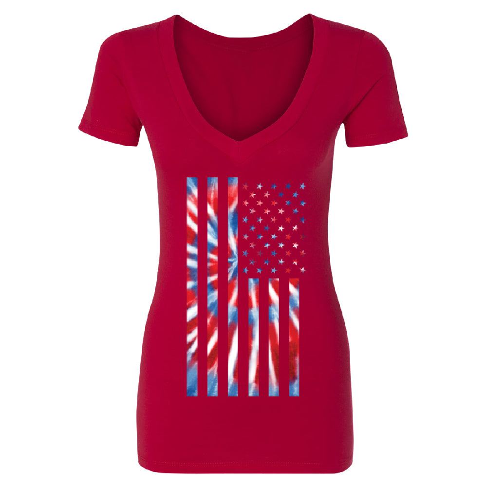 Patriotic Tie Dye American Flag Women's Deep V-neck 4th of July USA Tee 