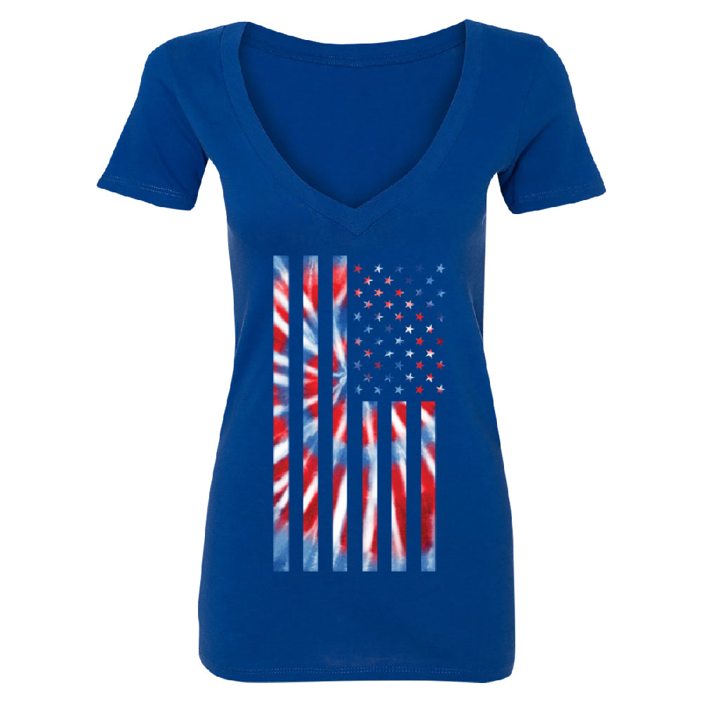 Patriotic Tie Dye American Flag Women's Deep V-neck 4th of July USA Tee 