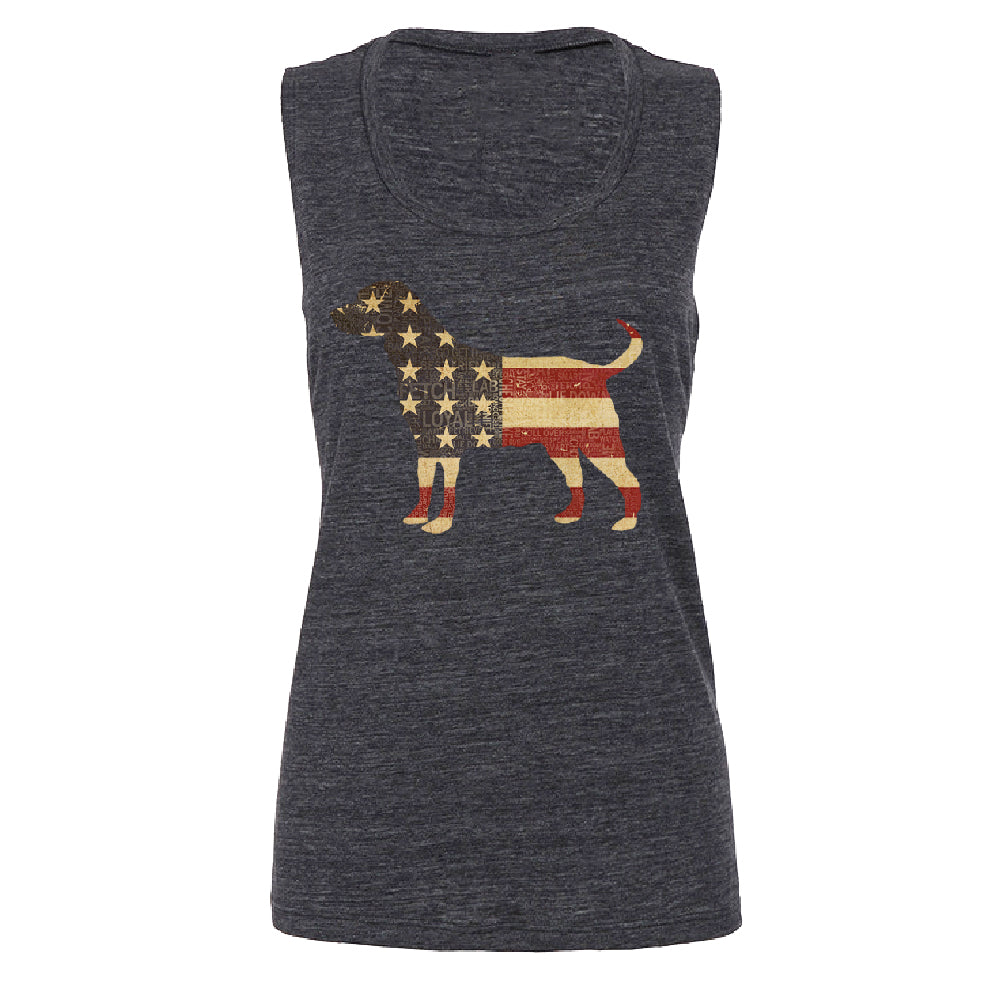 Patriotic American Flag Dog Silhouette Women's Muscle Tank 4th of July Tee 