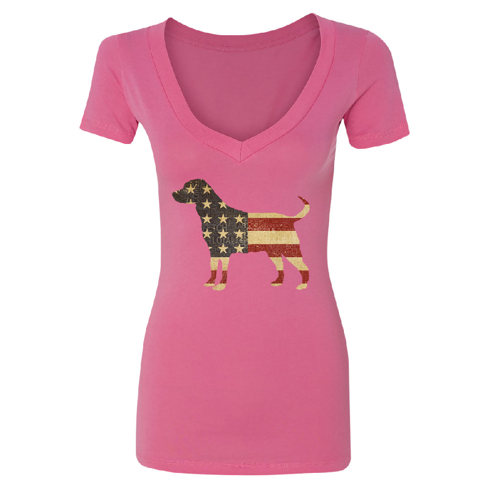 Patriotic American Flag Dog Silhouette Women's Deep V-neck 4th of July Tee 