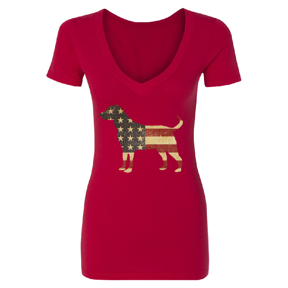 Patriotic American Flag Dog Silhouette Women's Deep V-neck 4th of July Tee 