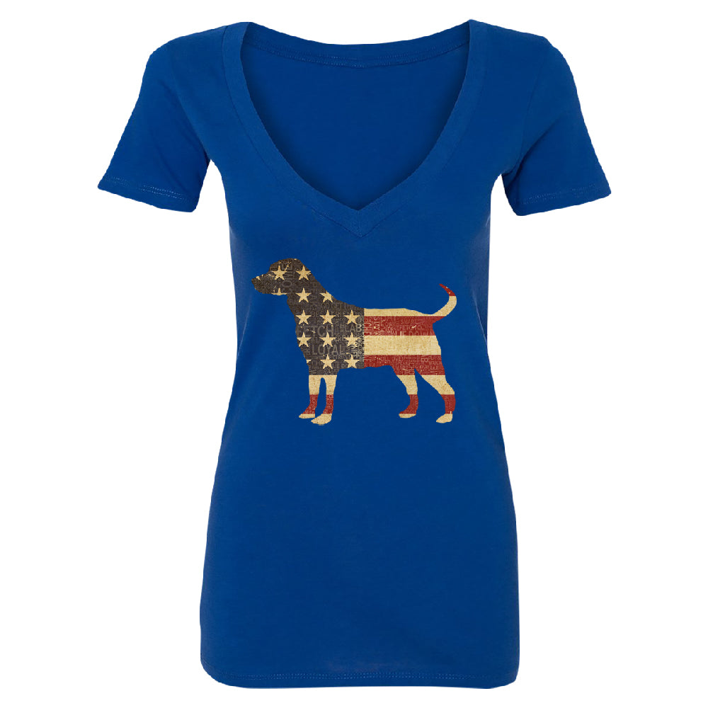 Patriotic American Flag Dog Silhouette Women's Deep V-neck 4th of July Tee 