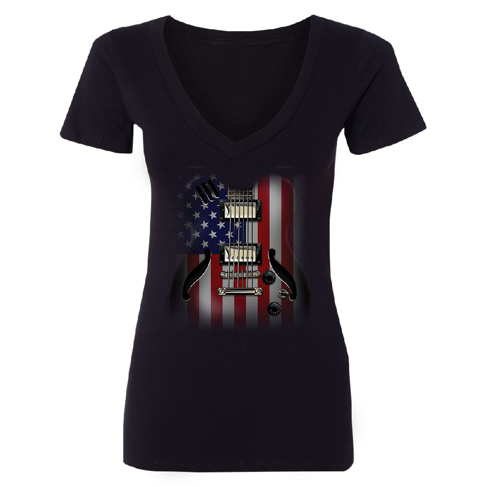 Patriotic American Flag Guitar Women's Deep V-neck 4th of July USA Tee 