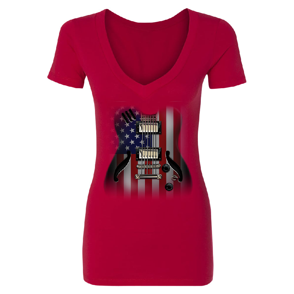 Patriotic American Flag Guitar Women's Deep V-neck 4th of July USA Tee 