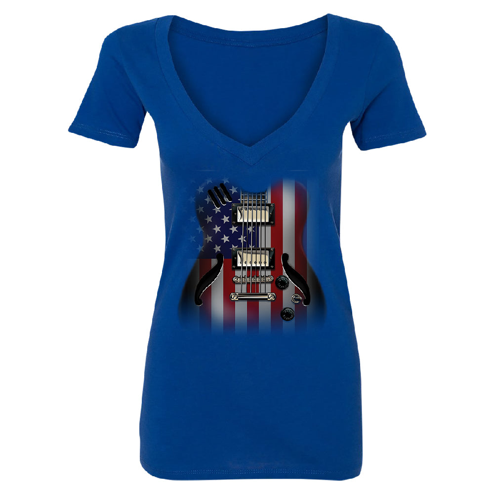 Patriotic American Flag Guitar Women's Deep V-neck 4th of July USA Tee 
