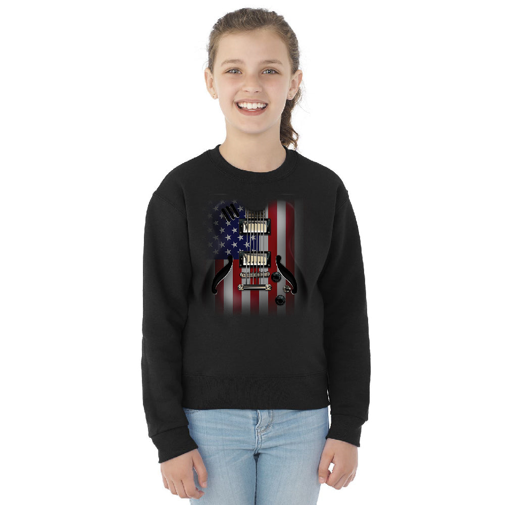 Patriotic American Flag Guitar Youth Crewneck 4th of July USA SweatShirt 