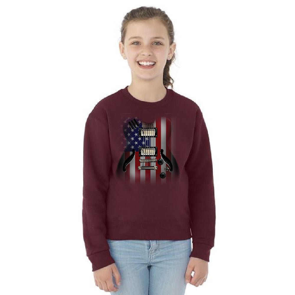 Patriotic American Flag Guitar Youth Crewneck 4th of July USA SweatShirt 