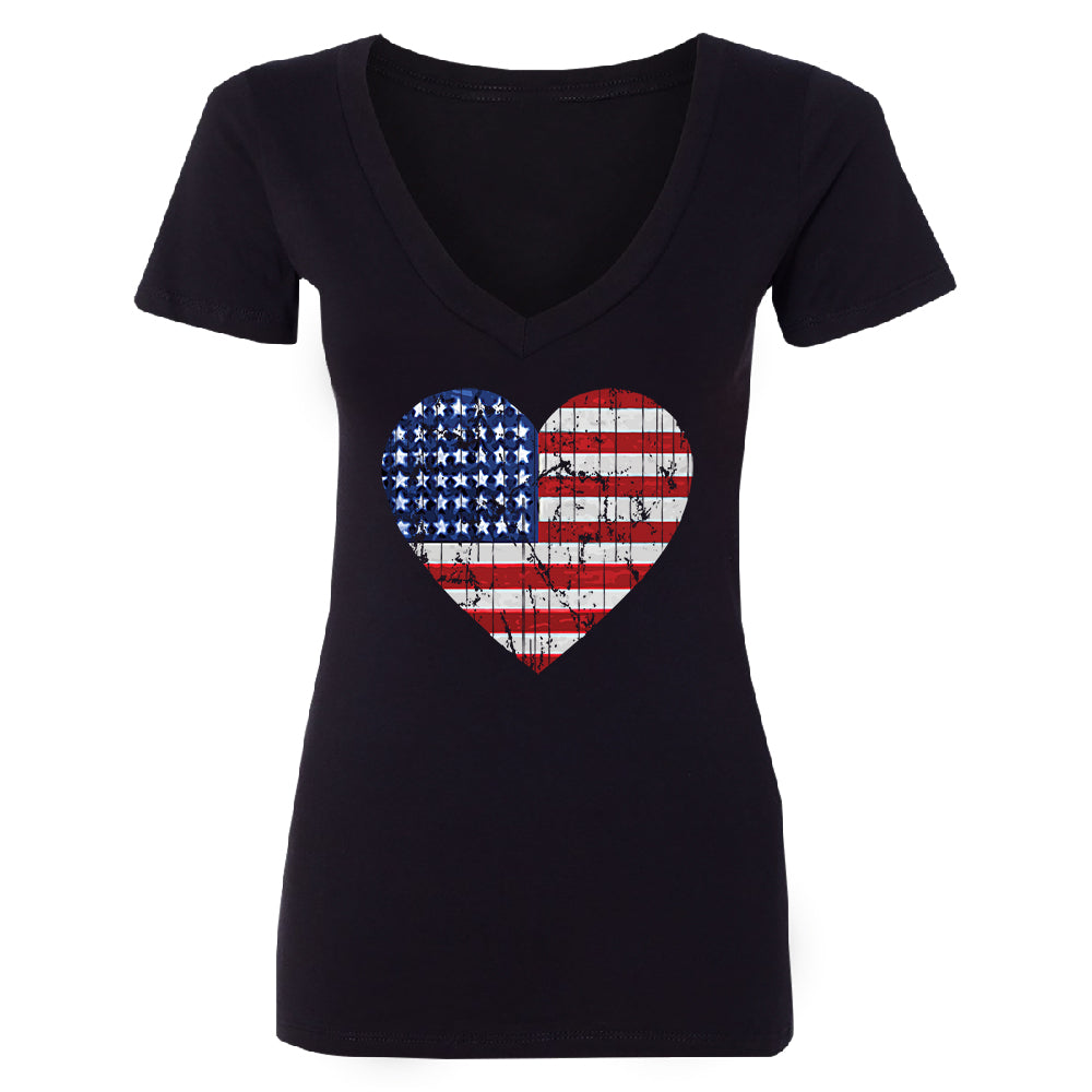 American Flag Heart Love Women's Deep V-neck 4th of July Tee 