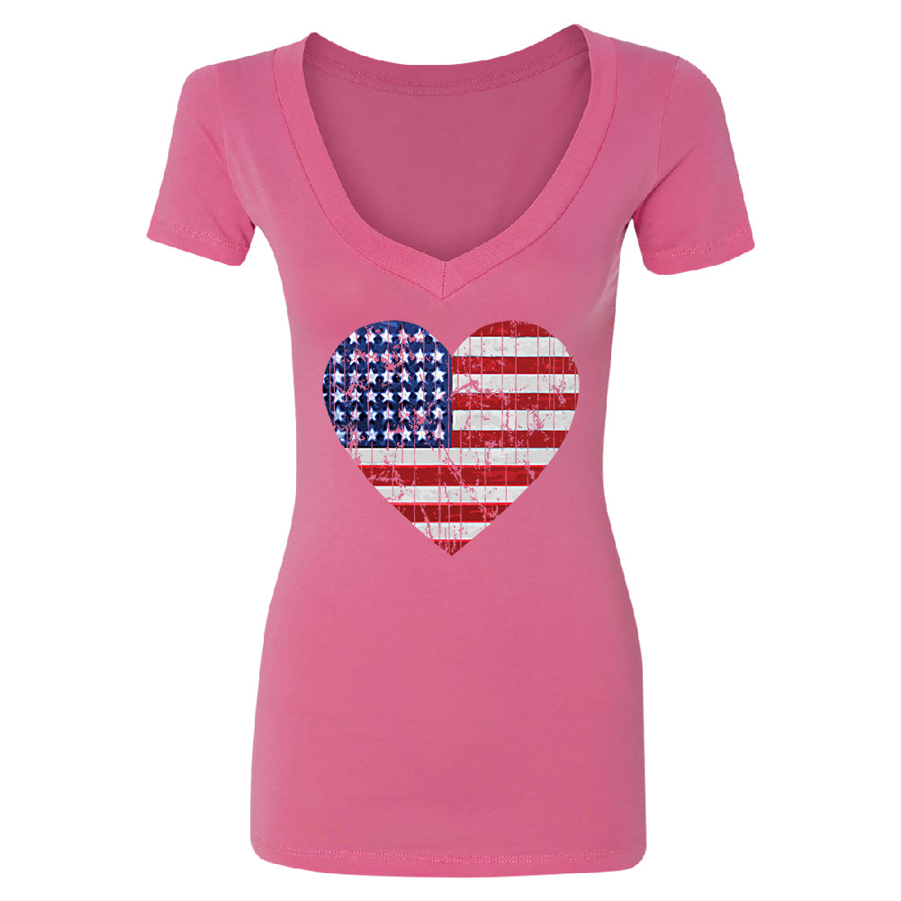 American Flag Heart Love Women's Deep V-neck 4th of July Tee 