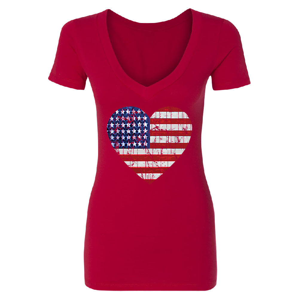 American Flag Heart Love Women's Deep V-neck 4th of July Tee 
