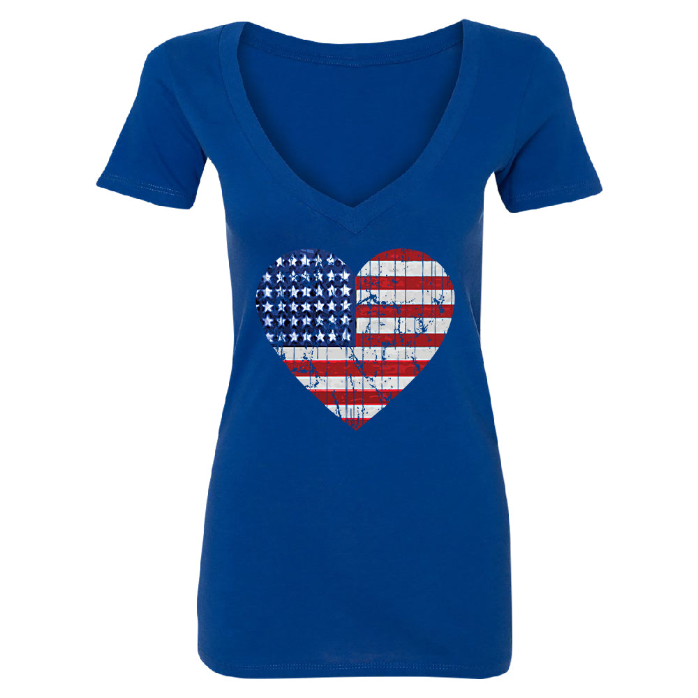 American Flag Heart Love Women's Deep V-neck 4th of July Tee 