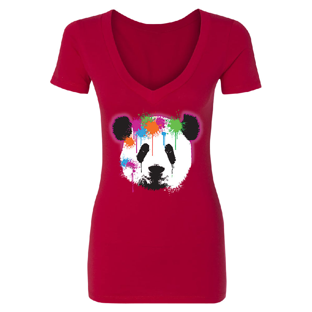 Funny Neon Panda Head Colored Women's Deep V-neck Souvenir Tee 