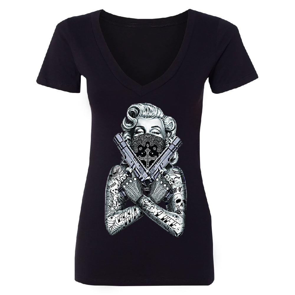 Marilyn Monroe Black Bandana Cross Women's Deep V-neck Souvenir Tee 