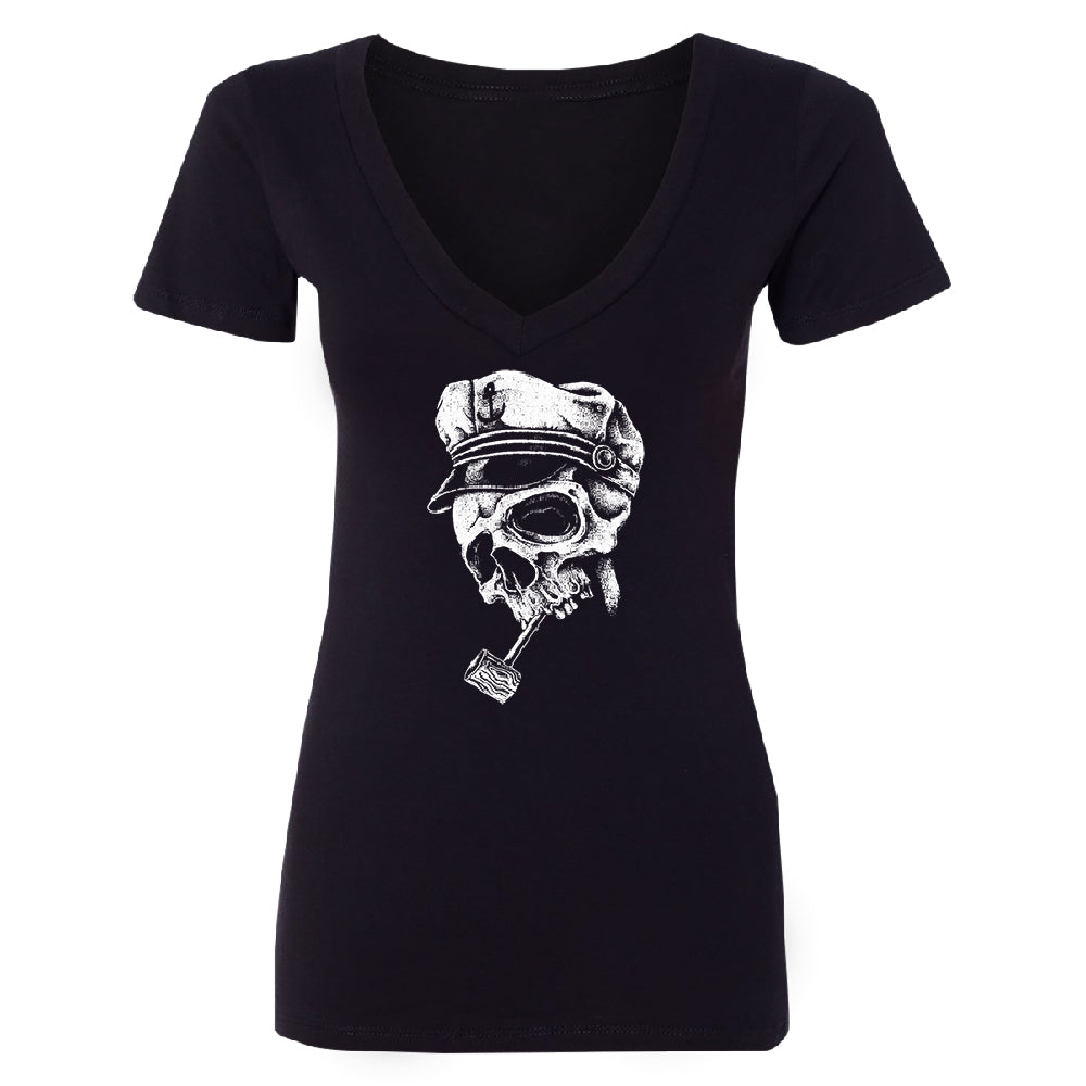 Skull Captain Hat & Pipe Women's Deep V-neck Souvenir Tee 