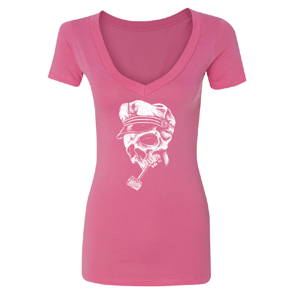 Skull Captain Hat & Pipe Women's Deep V-neck Souvenir Tee 