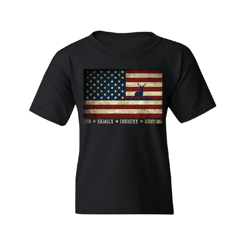 God Family Country Hunting American Flag Youth T-Shirt 