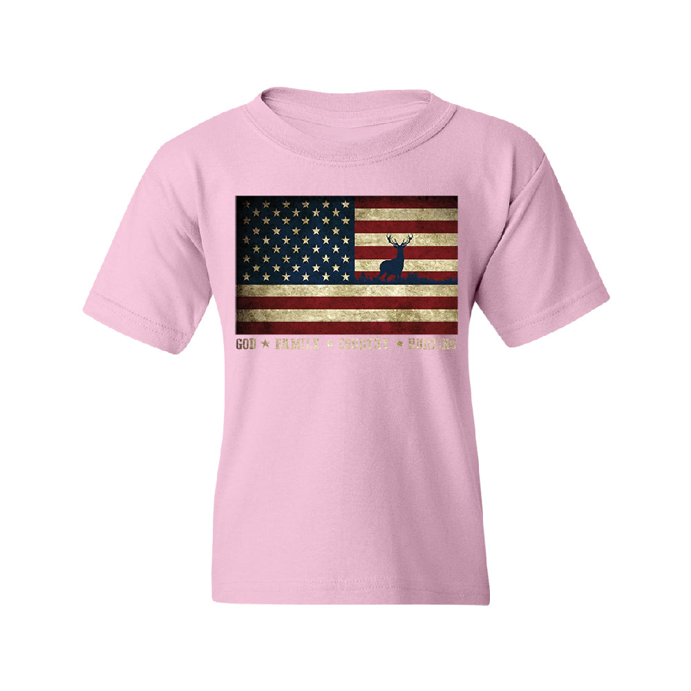 God Family Country Hunting American Flag Youth T-Shirt 