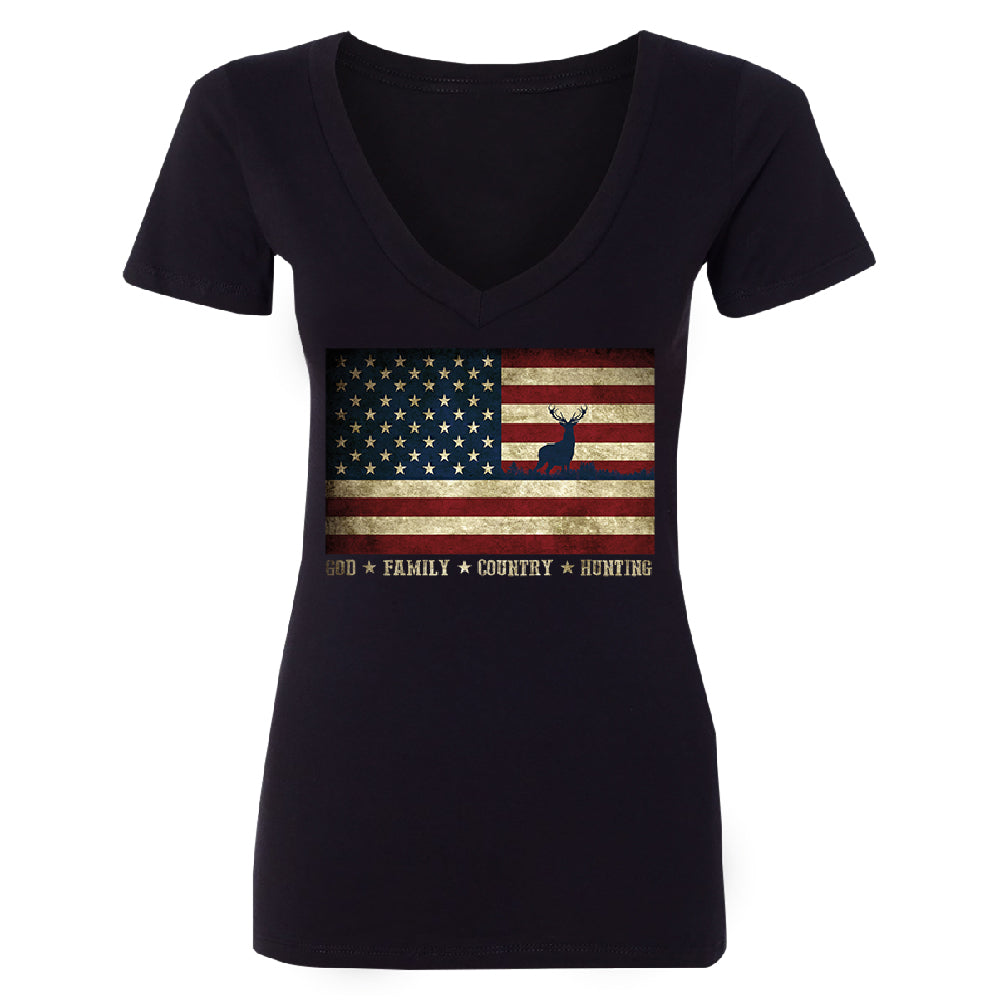 God Family Country Hunting American Flag Women's Deep V-neck USA Tee 