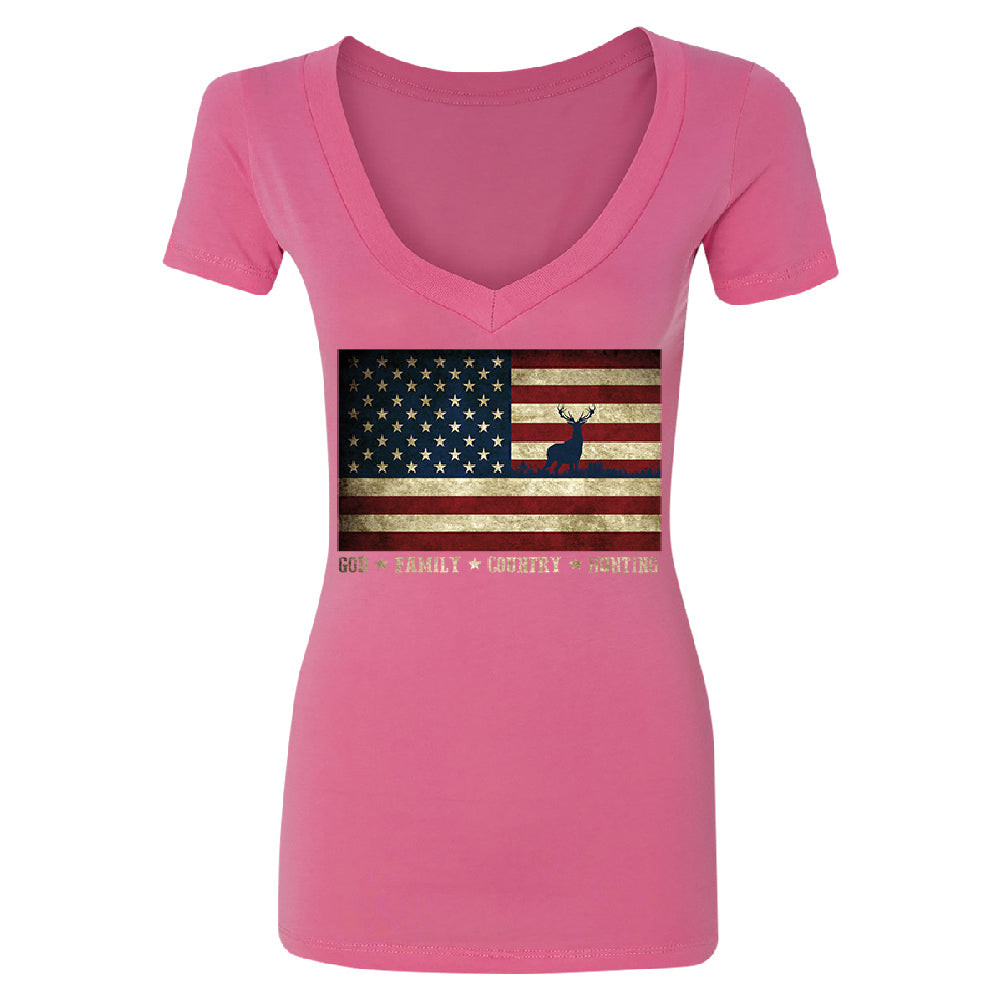 God Family Country Hunting American Flag Women's Deep V-neck USA Tee 