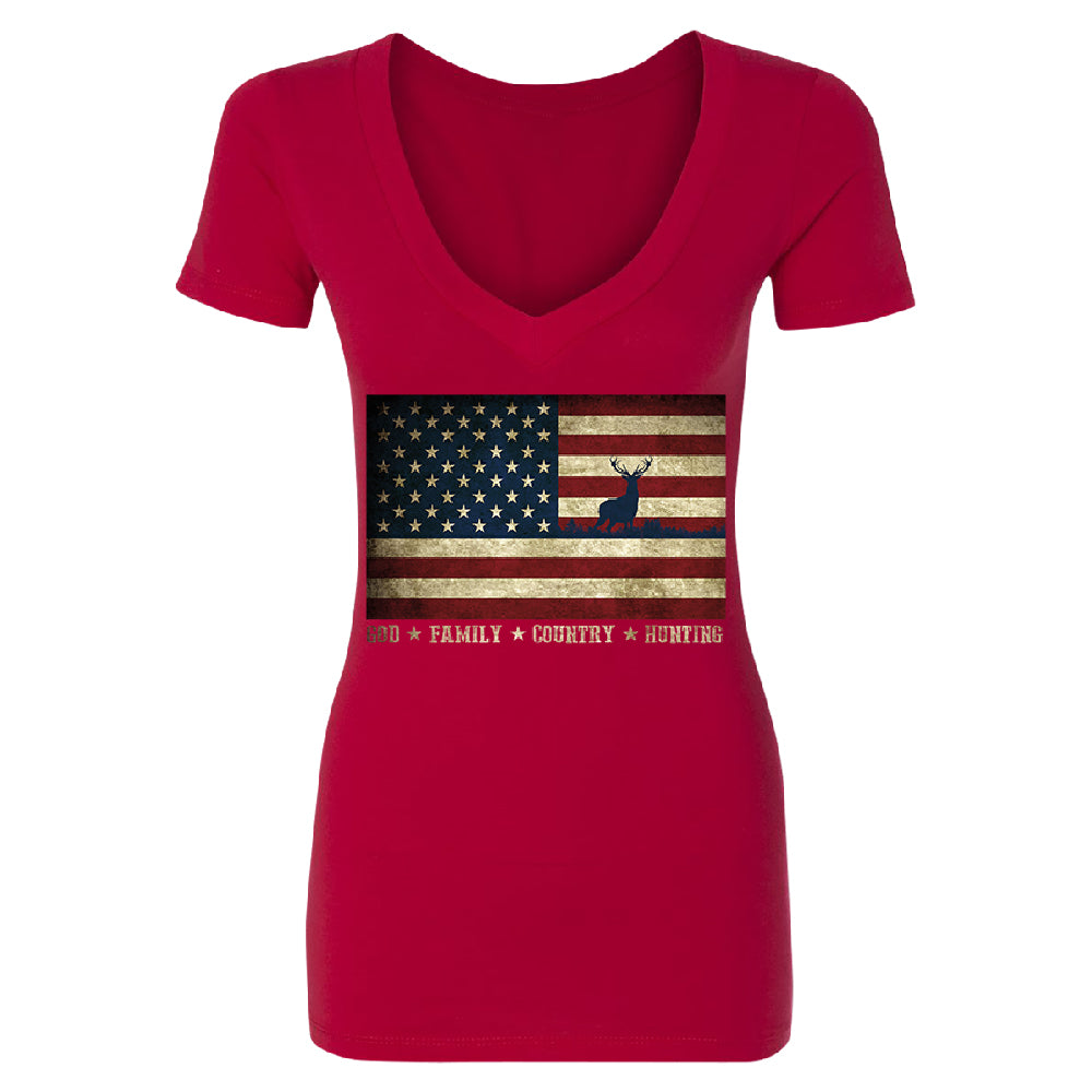 God Family Country Hunting American Flag Women's Deep V-neck USA Tee 