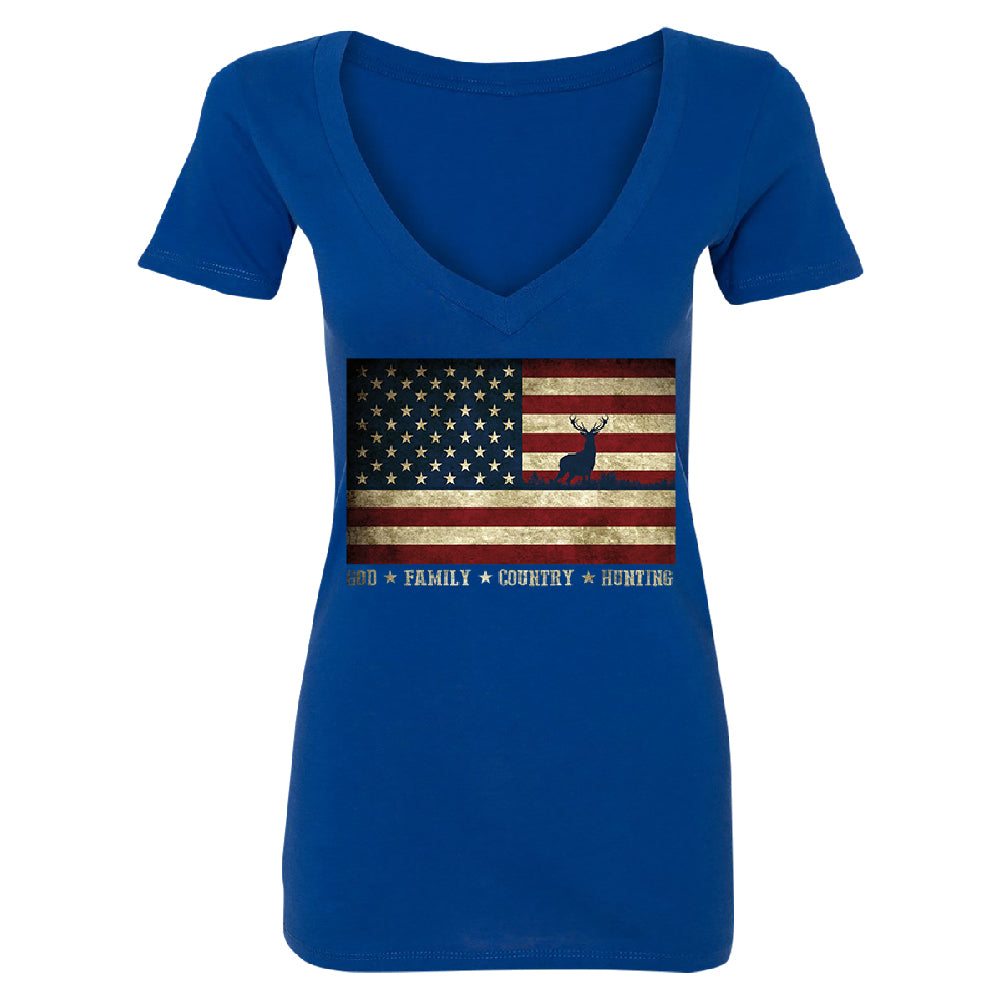 God Family Country Hunting American Flag Women's Deep V-neck USA Tee 