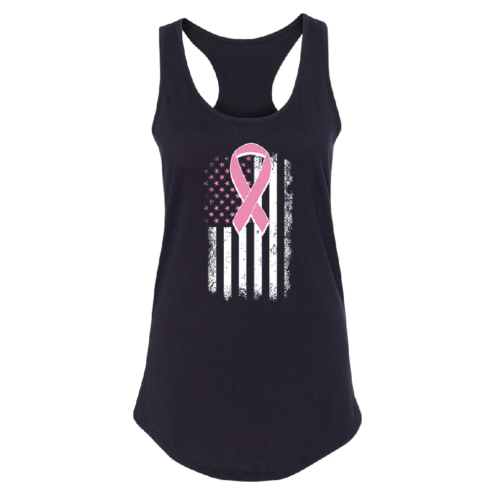 Pink Vintage American Flag Women's Racerback Breast Cancer Awareness Shirt 