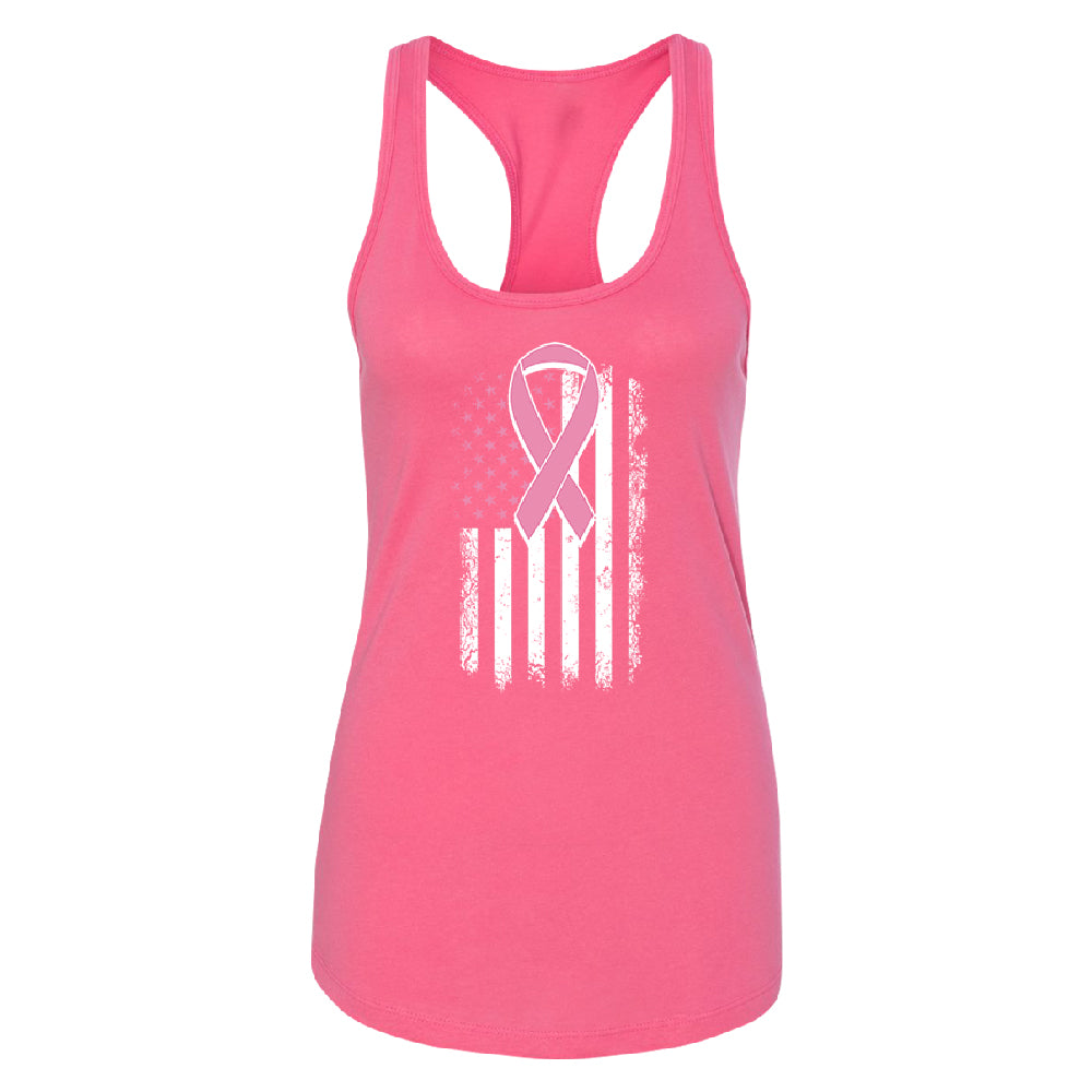 Pink Vintage American Flag Women's Racerback Breast Cancer Awareness Shirt 