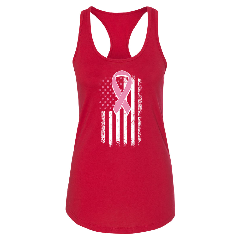 Pink Vintage American Flag Women's Racerback Breast Cancer Awareness Shirt 