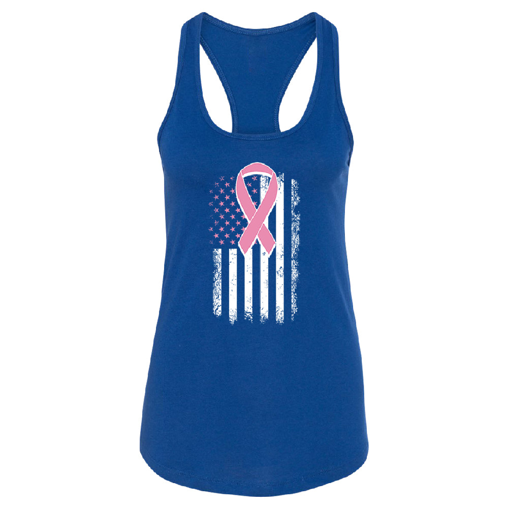 Pink Vintage American Flag Women's Racerback Breast Cancer Awareness Shirt 