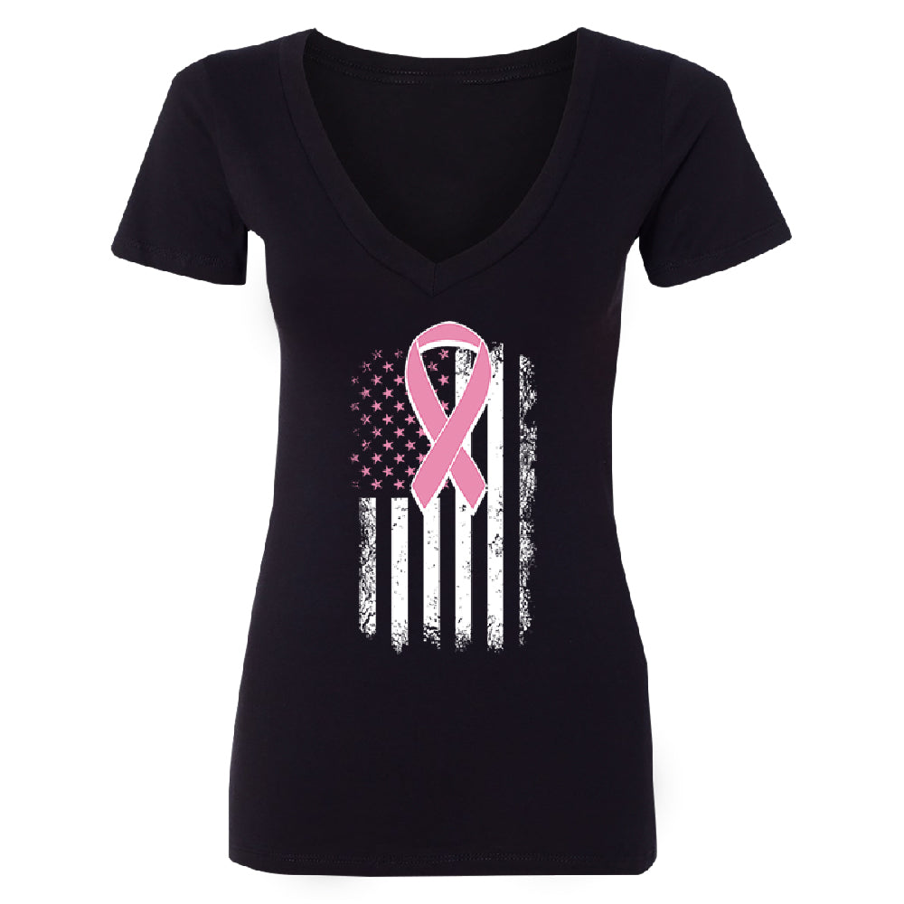 Pink Vintage American Flag Women's Deep V-neck Breast Cancer Awareness Tee 